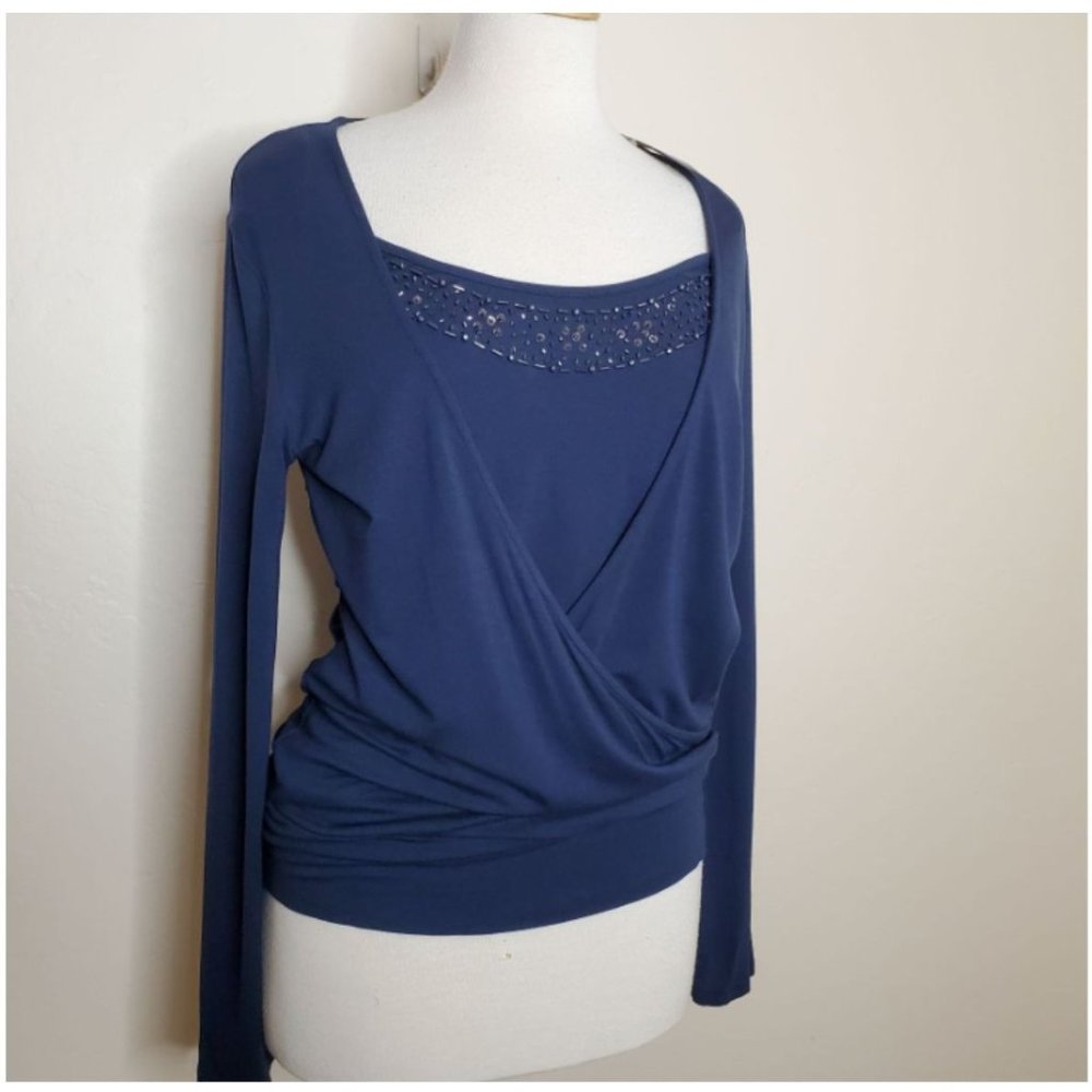 NWT New York & Company M crossover top beaded long sleeves navy